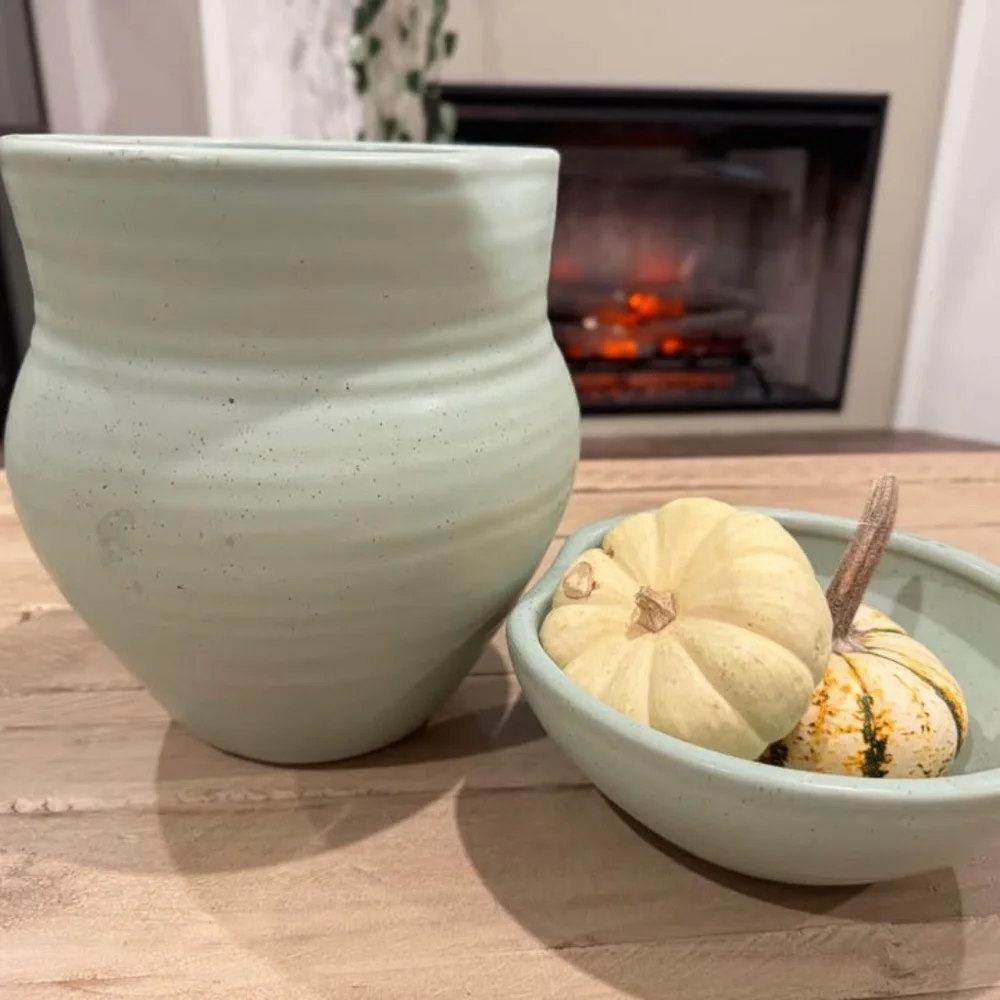 West Elm Sage Vase and Bowl Ceramic Set